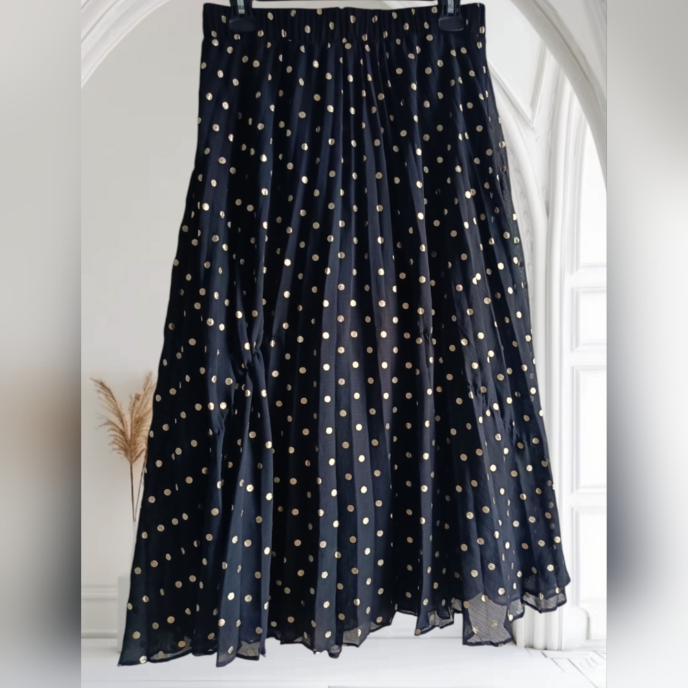 M💥Gold Polka Dot Pleated Midi Skirt for Cocktail Events - Picture 3 of 11